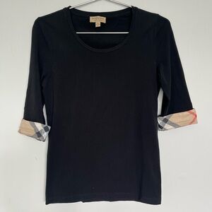 Burberry London England Black Stretch Cotton Nova Check Trim T-Shirt